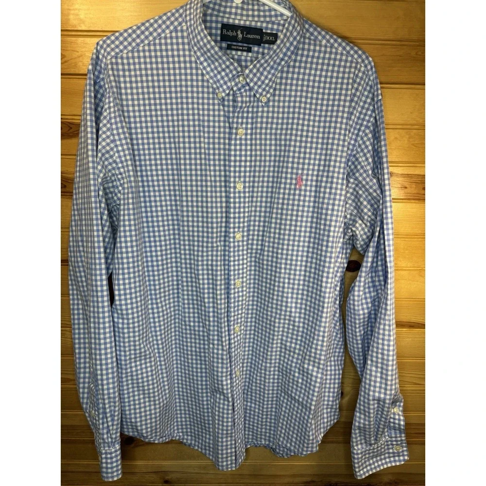 Vintage Ralph Lauren Men's XXL Blue & White Gingham Custom‎ Fit Shirt Pink Pony